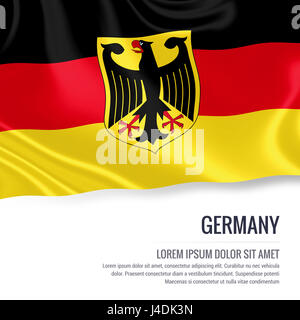 Seidige Flagge von Deutschland winken auf einem isolierten weißen Hintergrund mit dem weißen Textbereich für Ihre Anzeige Nachricht. 3D-Rendering. Stockfoto