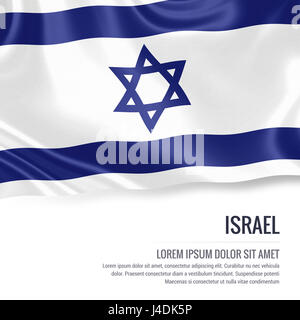 Seidige Flagge von Israel auf einen isolierten weißen Hintergrund mit dem weißen Textbereich für Ihre Anzeige Nachricht winken. 3D-Rendering. Stockfoto