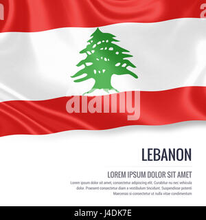 Seidige Flagge des Libanon winken auf einem isolierten weißen Hintergrund mit dem weißen Textbereich für Ihre Anzeige Nachricht. 3D-Rendering. Stockfoto