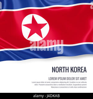 Nord Korea Flagge. Seidige Flagge von North Korea winken auf einem isolierten weißen Hintergrund mit dem weißen Textbereich für Ihre Anzeige Nachricht. 3D-Rendering. Stockfoto