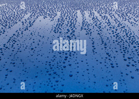 Viele Wassertropfen auf eine blaue Fläche. Spuren von Regen auf der Motorhaube des Autos. Stockfoto