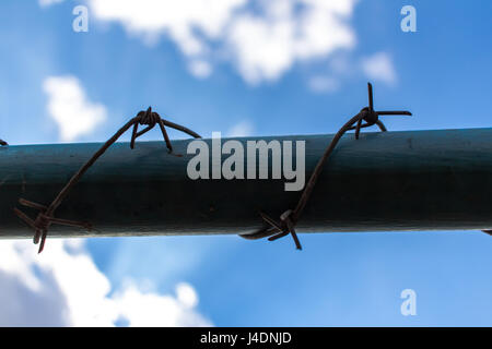 Closeup Stacheldraht gegen einen wunderschönen blauen Himmel und weiße Wolken. Stockfoto