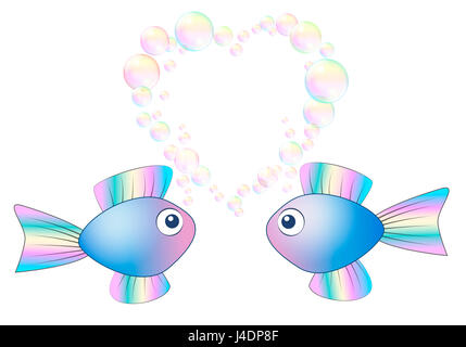 Zwei niedliche kleine Fische in der Liebe mit Herz geformten Bläschen über ihnen - Abbildung auf weißem Hintergrund. Stockfoto