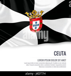 Spanischen Staat Ceuta Fahnenschwingen auf einem isolierten weißen Hintergrund. Staatliche Name und den Textbereich für Ihre Nachricht. 3D-Rendering. Stockfoto