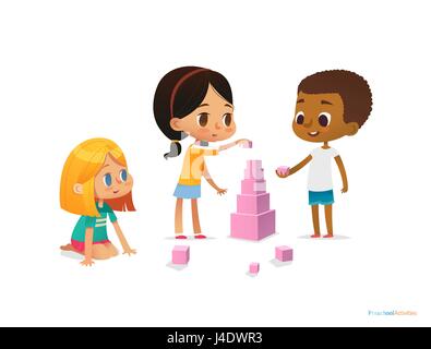Gemischtrassig Kinder bauen Turm mit rosa Blöcken. Kinder spielen mit Kit mit hellen farbigen Würfel. Montessori-Materialien-Konzept. Vektor-Illustration für Poster, Banner, Webseite, Flyer, Werbung. Stock Vektor