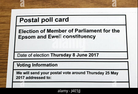 Epsom, Surrey, UK. 12. Mai 2017. Postalischen Umfrage Karte kommt in Epsom vor britische allgemeine Wahl am 8. Juni 2017. Stockfoto