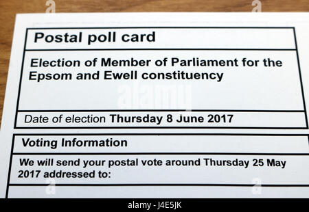 Epsom, Surrey, UK. 12. Mai 2017. Postalischen Umfrage Karte kommt in Epsom vor britische allgemeine Wahl am 8. Juni 2017. Stockfoto