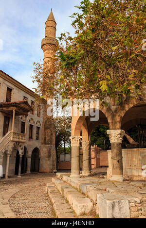 Platane des Hippokrates, Brunnen und Moschee, Plateia Platanou, gepflasterten Platz im Herbst, Kos-Stadt, Kos, Dodekanes, Griechenland Stockfoto