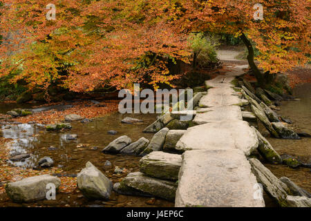 Tarr Steps, ein Klöppel-Brücke über den Fluss Barle auf Exmoor, Somerset, England, Vereinigtes Königreich, Europa Stockfoto