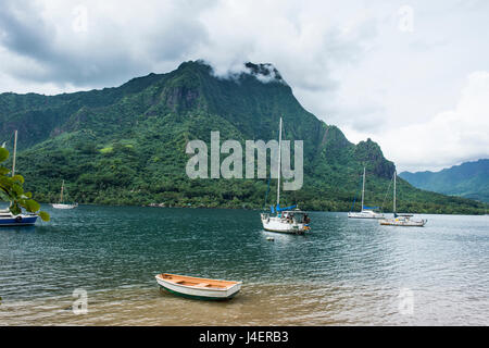 Segelboot in Cooks Bay, Moorea, Gesellschaftsinseln, Französisch-Polynesien, Pazifik Stockfoto