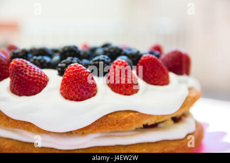 Leichte Biskuit mit weißer Glasur und gemischte Beeren (Erdbeeren, Brombeeren, Heidelbeeren) an der Spitze. Helles Licht, warm-perfekt für den Sommer. Stockfoto