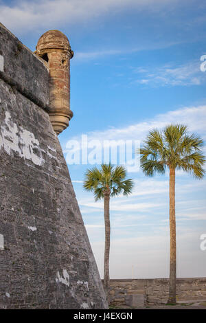 Castillo de San Marcos Außenwand mit zwei Palmen Stockfoto