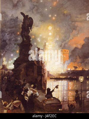 Franz Theodor Aernis „La Girandola in Castel San Angelo“ aus dem Jahr 1874 ist eine Darstellung des berühmten Feuerwerks in Rom, das jährlich im Castel Sant'Angelo stattfindet. Das Kunstwerk fängt die lebhafte Feier mit lebhaften Farben ein. Stockfoto