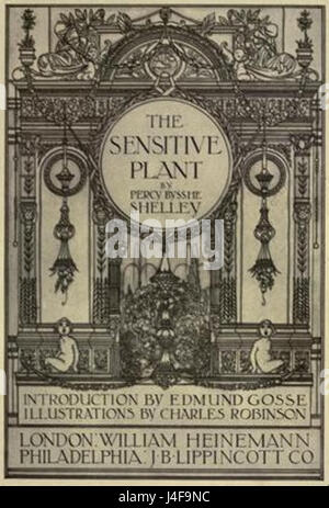 Die Abbildung des Frontispizes der empfindlichen Pflanze zeigt eine detaillierte botanische Darstellung von Mimosa pudica, einer Pflanze, die für ihre empfindlichen Blätter bekannt ist, die sich beim Berühren falten. Das Frontispiece ist eine dekorative Einführung in eine wissenschaftliche Arbeit, die sich auf diese Pflanzenart konzentriert und ihre einzigartigen Eigenschaften in einem naturalistischen Stil präsentiert. Stockfoto