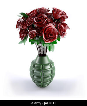 Handgranate mit vielen roten Rosen innen, 3d illustration Stockfoto