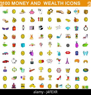 100 Geld und Reichtum Icons set, cartoon-Stil Stock Vektor