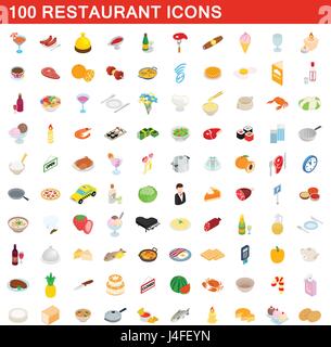 100 Restaurant Icons Set, isometrischen 3d Stil Stock Vektor