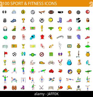 100 Symbole für Sport und Fitness set, cartoon-Stil Stock Vektor