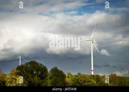 Frühlings-Landschaft: zwei Windmühlen gegen bewölktem Himmel in Hamburg, Deutschland Stockfoto