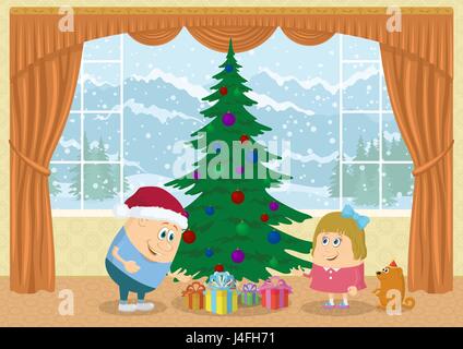 Kinder finden Geschenke unter dem Tannenbaum Stock Vektor