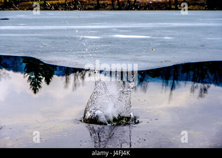 Ein Spritzer Wasser springen von einem zugefrorenen See Stockfoto