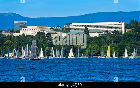 Blick vom Genfer See entfernt in Richtung der Ariana-Park mit der UNO Hauptquartier Palais des Nations, Genf, Schweiz Stockfoto