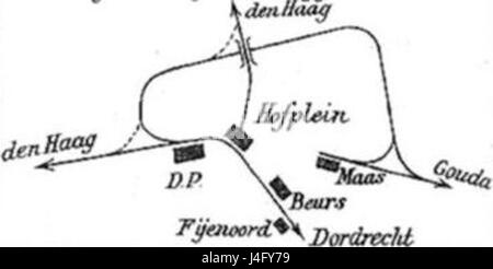 Diese Karte zeigt die Standorte von Bahnhöfen in Rotterdam im Jahr 1936 und zeigt die Verkehrsinfrastruktur der Stadt während der Zeit vor dem Zweiten Weltkrieg. Stockfoto