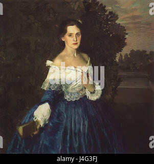 Lady in Blue ist ein Kunstwerk des russischen Künstlers Somov, das 1897 entstanden ist. Das Gemälde zeigt ein raffiniertes und elegantes Porträt einer Frau, typisch für die Darstellung des russischen Adels im späten 19. Jahrhundert. Stockfoto