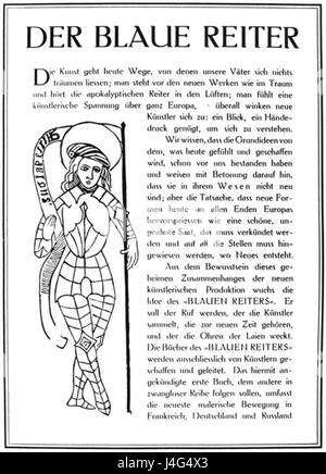 Es handelt sich um einen Abonnementprospekt für den Almanach der Blaue Reiter 1912, eine wichtige Publikation, die mit der Blauen Reiter-Bewegung im deutschen Expressionismus assoziiert ist. Es enthält Details über die Künstler und ihre Werke, die im Almanach vorgestellt wurden, der maßgeblich zur Förderung der Avantgardekunst und zur Förderung der Zusammenarbeit zwischen den Künstlern der Bewegung beitrug. Stockfoto