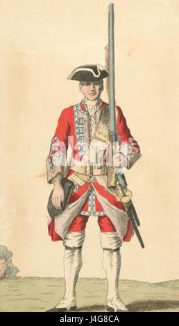 Dieser Titel bezieht sich auf ein Bild oder historische Aufzeichnungen eines Soldaten aus dem 48. Regiment aus dem Jahr 1742. Der Soldat repräsentiert die militärische Organisation und die historische Periode und bietet Einblicke in die Uniformen, Ausrüstung und Rolle der Regimenter im 18. Jahrhundert. Stockfoto