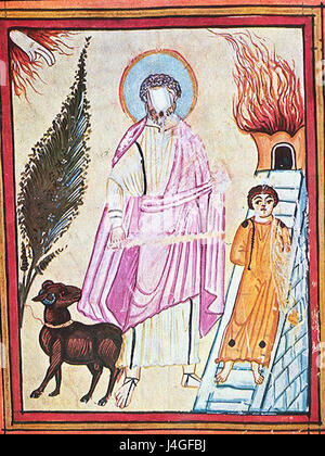 Das *Opfer Abrahams* ist eine biblische Szene, in der Abraham von Gott geprüft wird, um seinen Sohn Isaak zu opfern. Diese Geschichte hat eine bedeutende theologische Bedeutung in der jüdisch-christlichen Tradition und veranschaulicht Glauben und Gehorsam. Stockfoto
