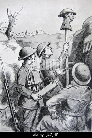 Der Titel bezieht sich auf militärische Taktiken und die Identifizierung feindlicher Scharfschützen. Sie könnte sich auf Strategien konzentrieren, um versteckte Scharfschützen in der Kriegsführung aufzuspüren und dabei Fähigkeiten und Technologien hervorzuheben, die verwendet werden, um Scharfschützen in Kampfsituationen zu bekämpfen. Stockfoto