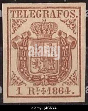 Dies ist eine Briefmarke aus Spanien, ausgestellt im Jahr 1864. Es wurde für die Telegrafenkommunikation verwendet, was einen wichtigen Zeitraum in der Post- und Telekommunikationsgeschichte markiert. Stockfoto