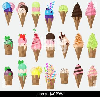 Satz von flachen Vektor Eiswaffel mit Süßigkeiten. Kollektion Eistüten mit Heidelbeere, Karamell, Zitrone Eisbecher. Stock Vektor