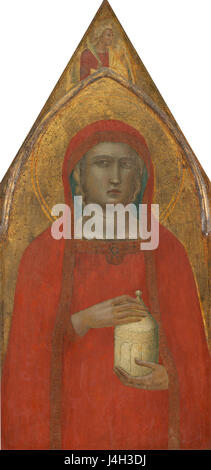 Dieses Kunstwerk zeigt die Heilige Maria Magdalena mit einem Engel, Teil eines religiösen Altaraufsatzes, die einen heiligen und spirituellen Moment in der christlichen Kunst darstellt, wobei der Schwerpunkt auf religiösen Themen und Ikonographie liegt. Stockfoto