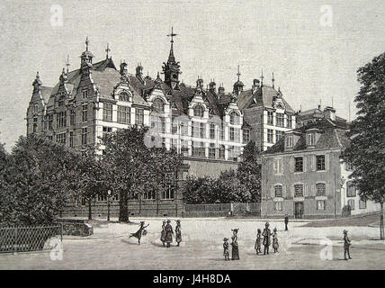 Das Schulhaus Hirschengraben ist ein historisches Schulgebäude in Zürich. Sie stellt ein wichtiges Beispiel für die Schweizer Bildungsarchitektur dar, mit einem Schwerpunkt auf historischem Design und Funktionalität im 19. Jahrhundert. Stockfoto
