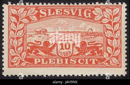 Dieser Stempel aus dem Jahr 1920 zeigt ein Bild, das sich auf die historische Region Slesvig bezieht, die heute zu Dänemark gehört. Es dient als Gedenkstück, das das kulturelle und historische Erbe der Region widerspiegelt. Stockfoto