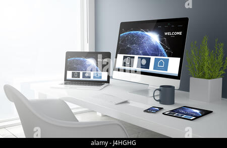 3D-Rendering des Desktops mit allen Geräten Network-Erde-Website zeigt. Alle Bildschirm-Grafiken bestehen. einige Elemente von der NASA eingerichtet. Stockfoto