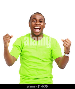 Überglücklich feiern afroamerikanischen Mann isoliert auf weißem Hintergrund Stockfoto