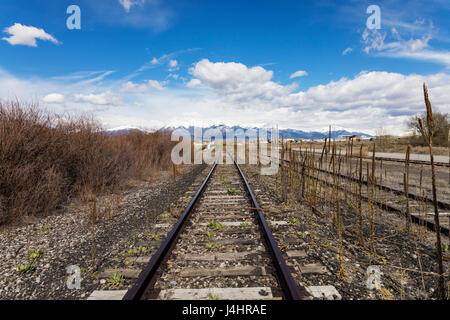 Eisenbahnschienen. Das Land nur über den Arkansas River von der Innenstadt von Salida, Colorado, ist nun leer und öde, im Besitz der Union Pacific Railroad Stockfoto