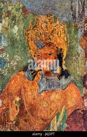 Der Bodhisattva des Mitgefühls Padmapani mit Lotus Wandgemälde Fresko, Ajanta Höhlen, Mumbai, Maharashtra, Indien, Asien Stockfoto