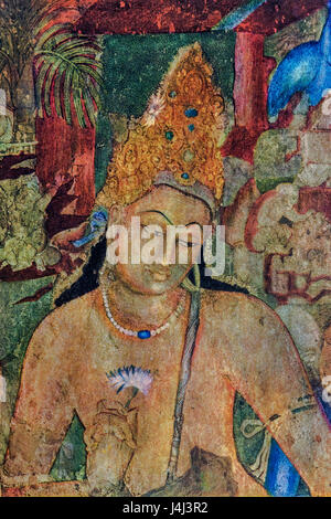 Fresken, Gemälde, Ajanta Höhlen, Aurangabad, Maharashtra, Indien, Asien Stockfoto