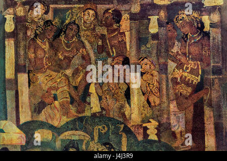 Fresken, Gemälde, Ajanta Höhlen, Aurangabad, Maharashtra, Indien, Asien Stockfoto