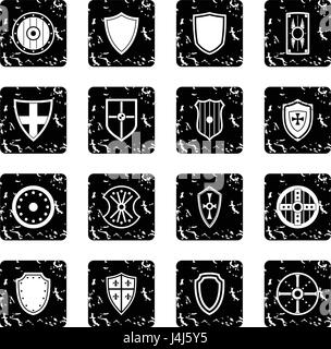 Shield Icons Set, Grunge-Stil Stock Vektor