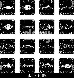 Fische stellen Icons, Grunge-Stil Stock Vektor