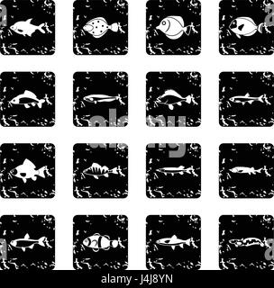 Niedliche Fische stellen Icons, Grunge-Stil Stock Vektor
