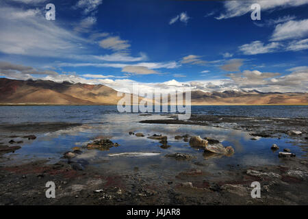 Hohen Berg See Tso Kar: Salzwasser wider, den blauen Himmel und weiße Cumulus-Wolken im Vordergrund im White Feather Wasservogel, Ladakh, Norden Stockfoto