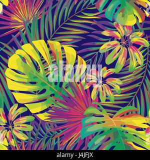nahtlose schöne künstlerische hellen tropischen Vektormuster mit Wedel, geteilten Blatt, Philodendron, Monstera Blatt, Sommerspaß am Strand, bunte Originalhintergrund stilvollen floralen Drucken, fantastischen Wald Stock Vektor