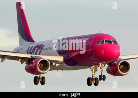 Prag, Tschechien - 2. November 2012: Wizz Air Airbus A320-HA-LWK landet auf dem internationalen Flughafen Ruzyne. Stockfoto