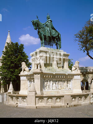Ungarn, Budapest, Angeln Bastion, Reiterstatue Stück Stephen Europa, Region Budapest Fovaros, Stadt, Hauptstadt, Stadt, Teil der Stadt von Buda, Schloss vierte, UNESCO Welt Kulturerbe, Ort von Interesse, Wahrzeichen, Bastion Gericht, Denkmal, Statue, bluten, Bronzeskulptur, König Stephan der Heilige im Jahr 1906 entwickelt Stockfoto